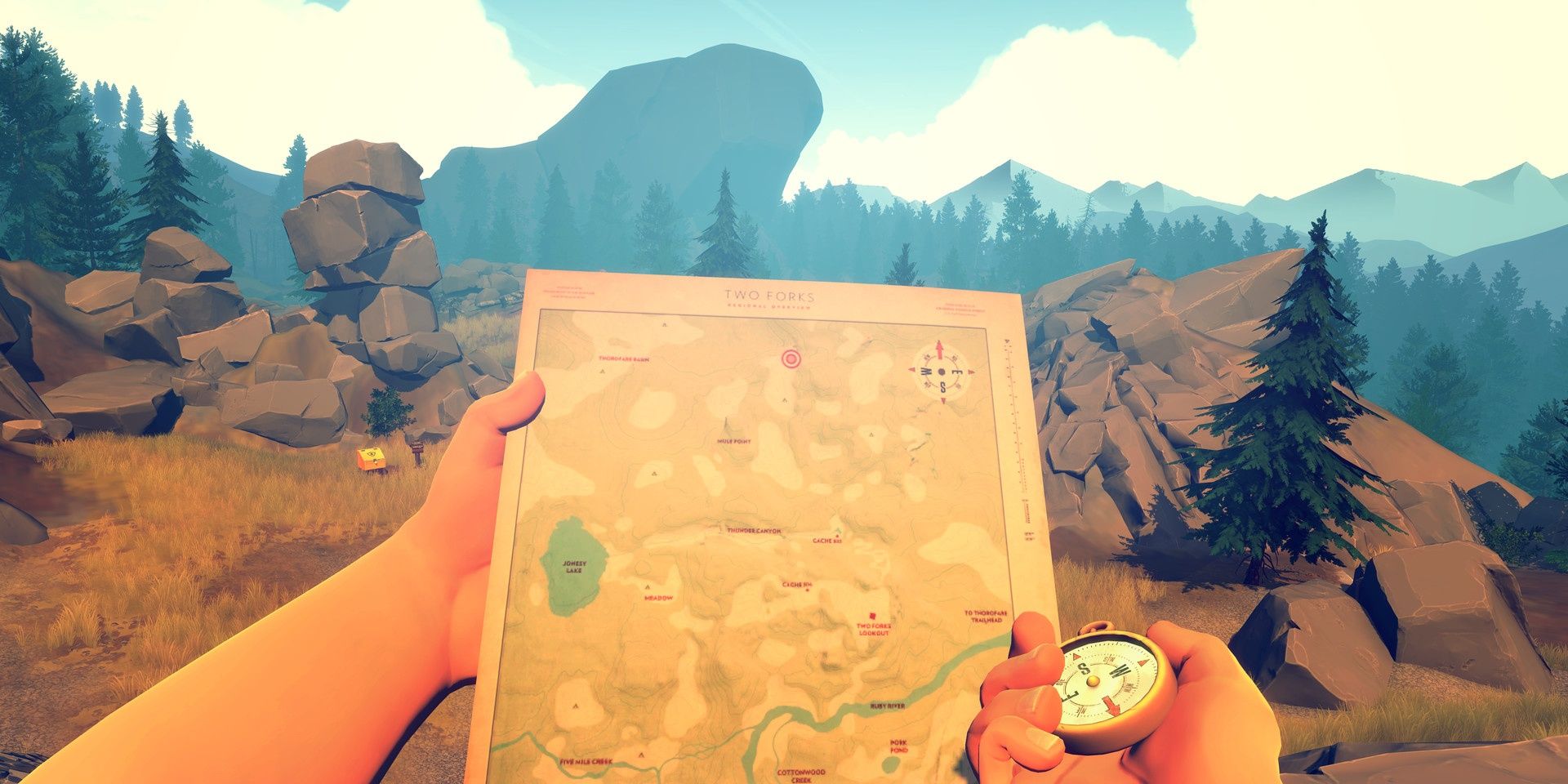 A man holds a map and a compass in Firewatch  